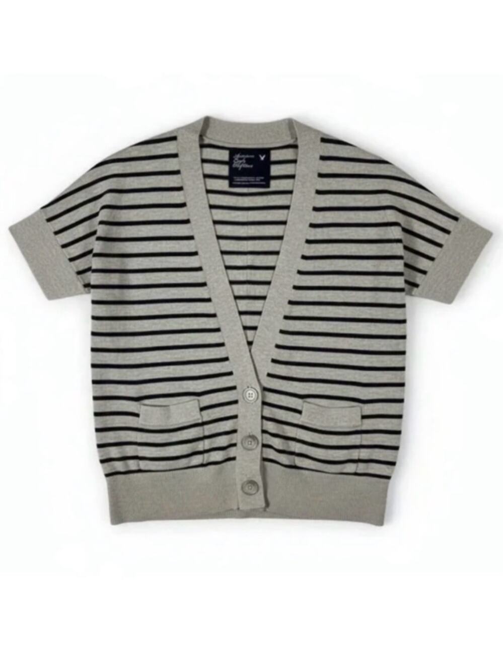 American Eagle Gray Stripe Cardigan Sweater V Neck Button Front Pocket M